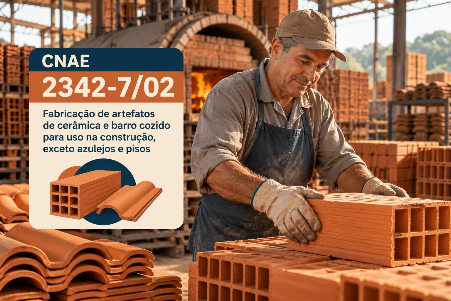 Tijolos cerâmicos empilhados perto de um forno de olaria, ilustrando o CNAE 2342-7/02