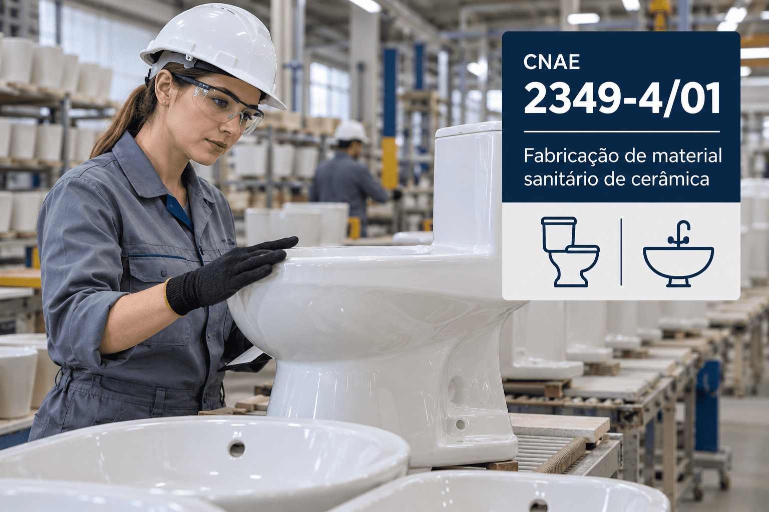 Vasos sanitários e pias de louça numa fábrica, ilustrando o CNAE 2349-4/01