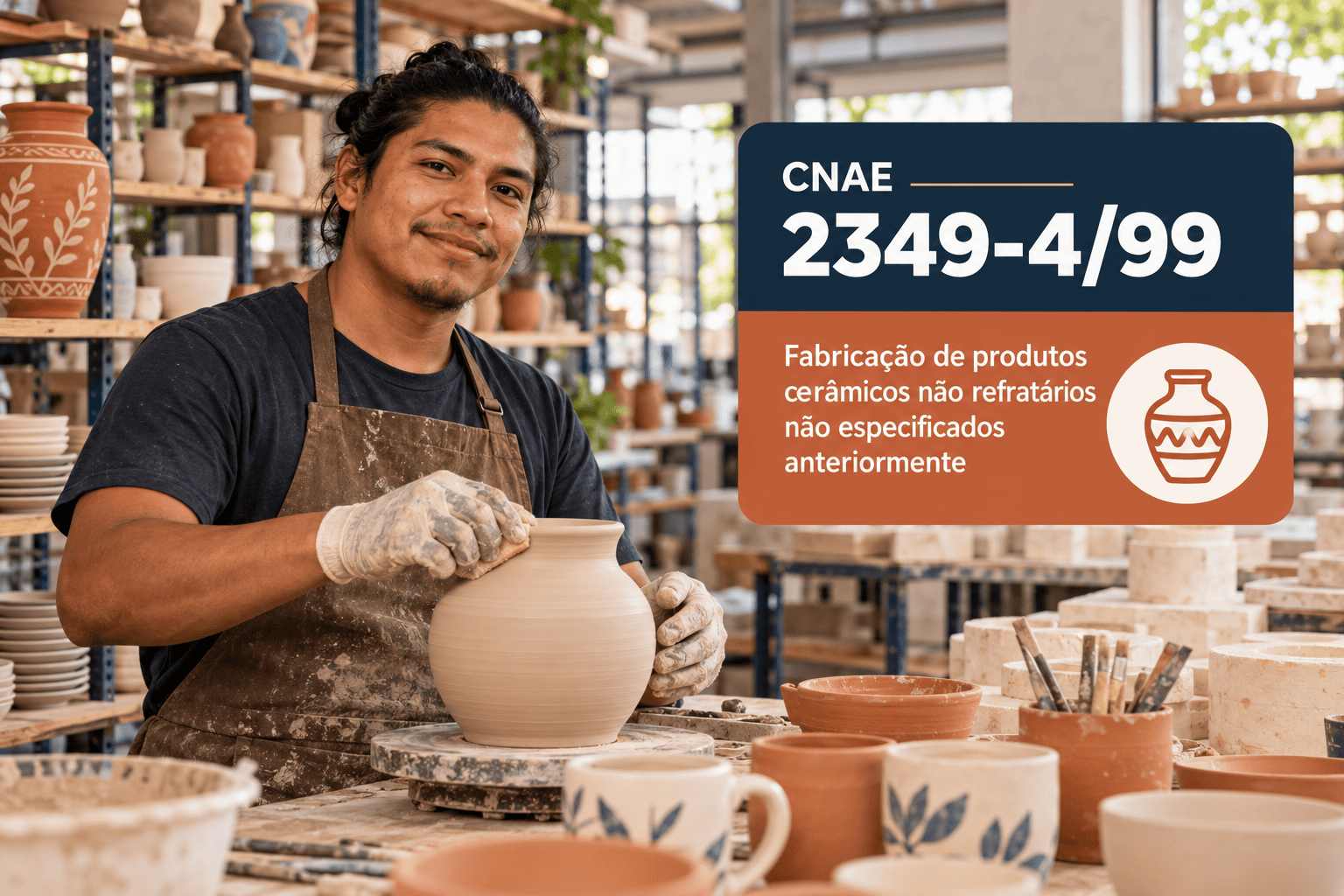 Peças de cerâmica artesanal num ateliê, ilustrando o CNAE 2349-4/99