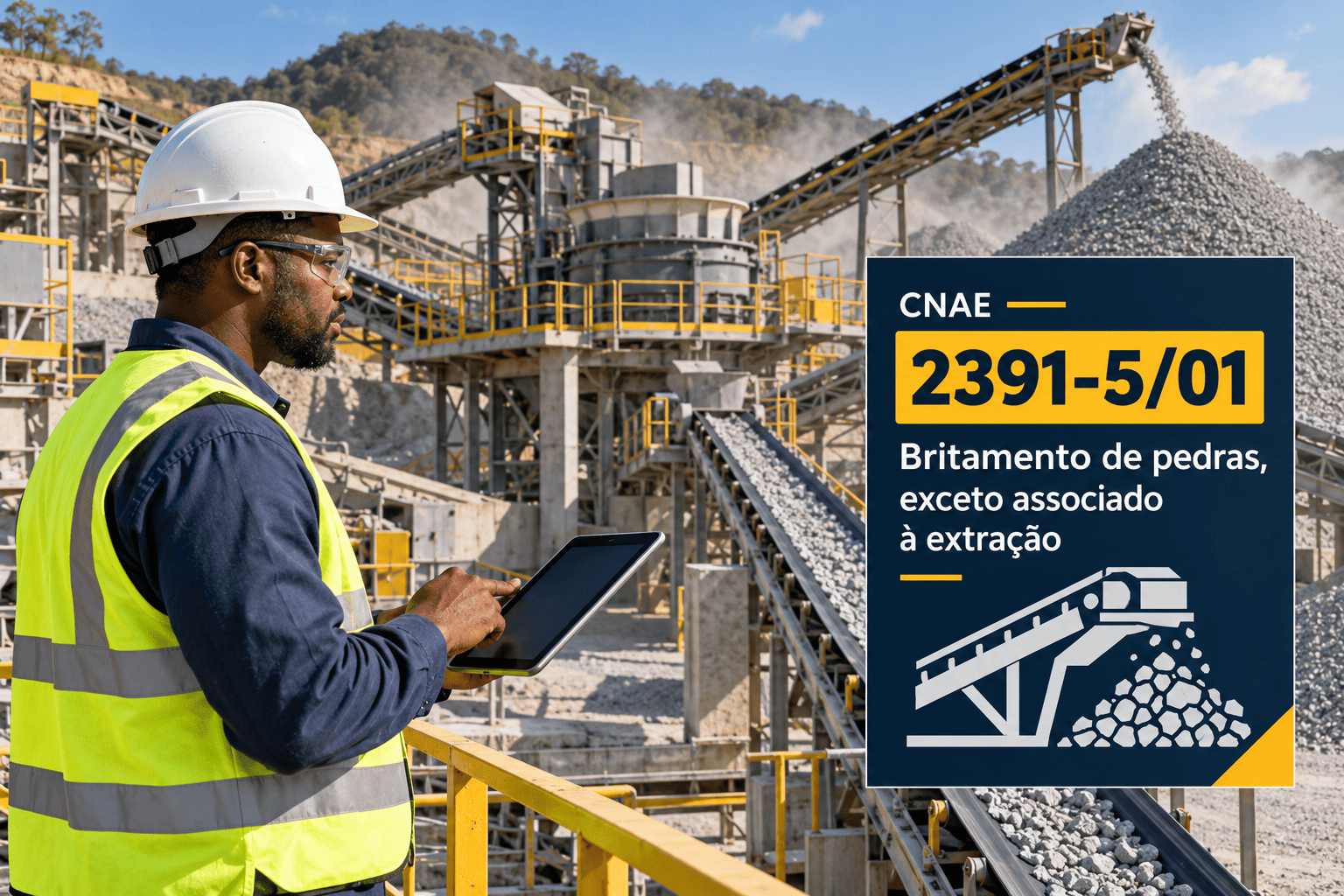 Britador e pilhas de brita num pátio, ilustrando o CNAE 2391-5/01