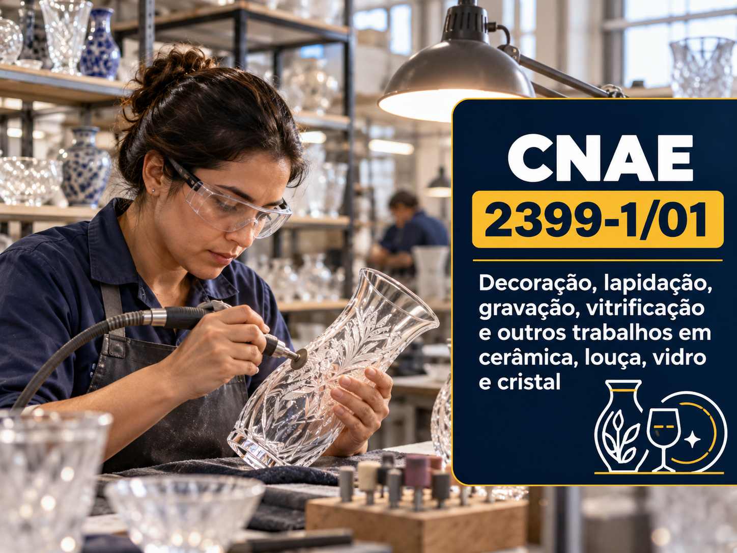 Taças de cristal gravadas numa bancada, ilustrando o CNAE 2399-1/01