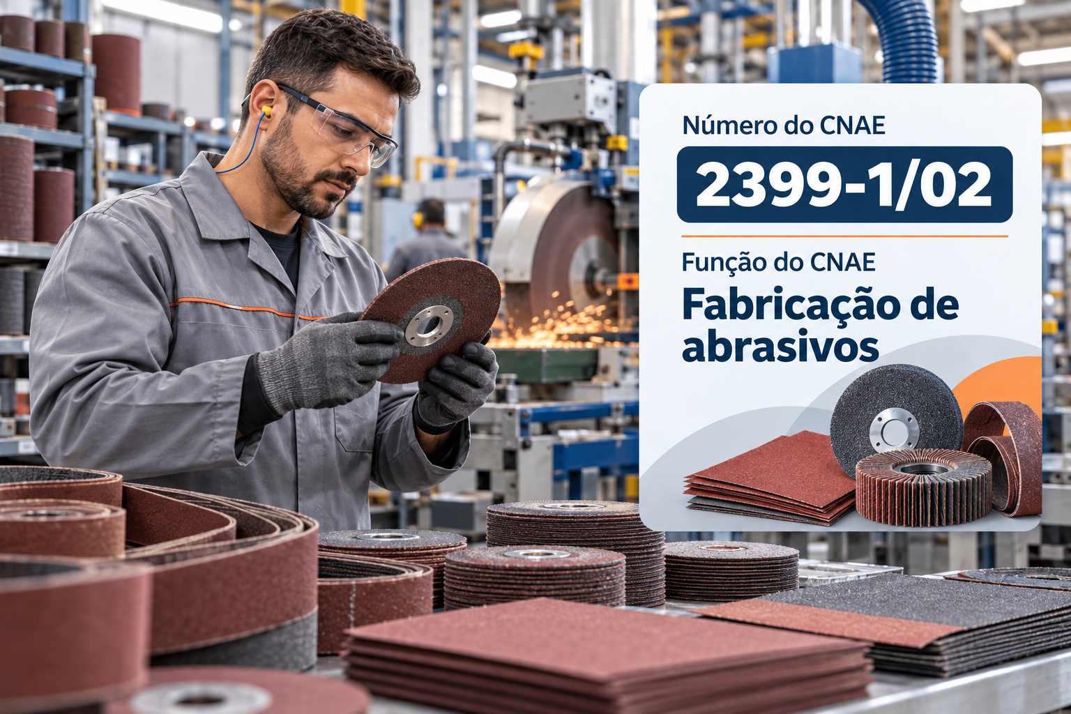 Discos de corte e lixas numa bancada, ilustrando o CNAE 2399-1/02