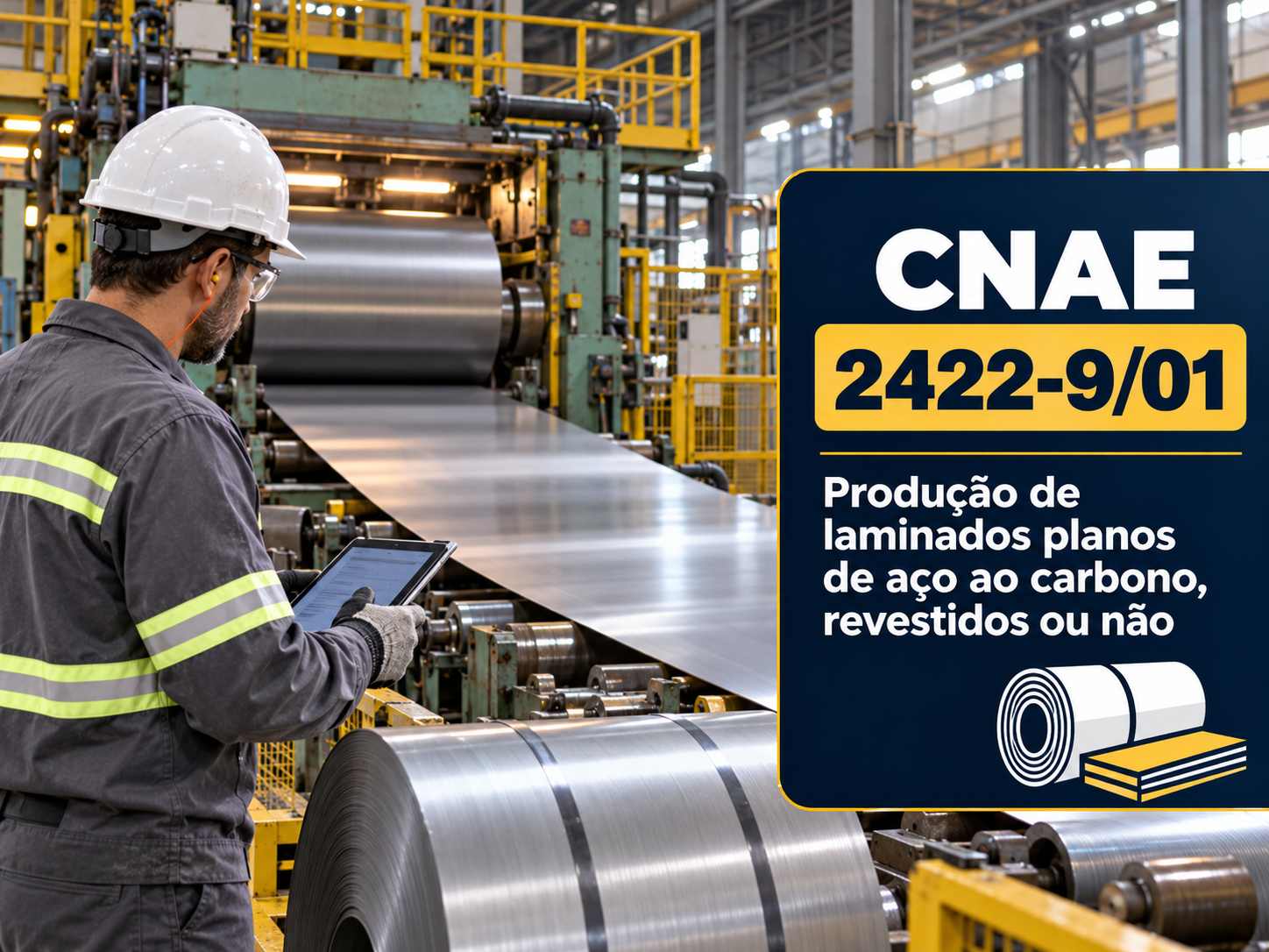 Bobinas de aço numa siderúrgica, ilustrando o CNAE 2422-9/01