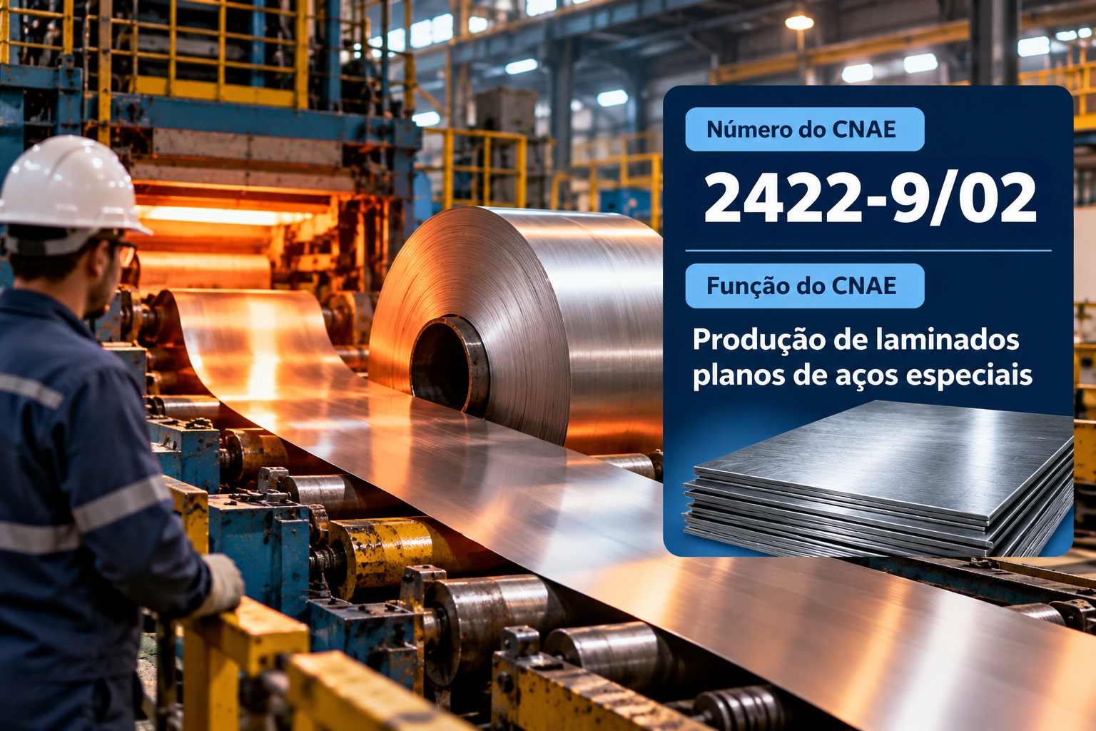 Bobinas de aço inox numa siderúrgica, ilustrando o CNAE 2422-9/02