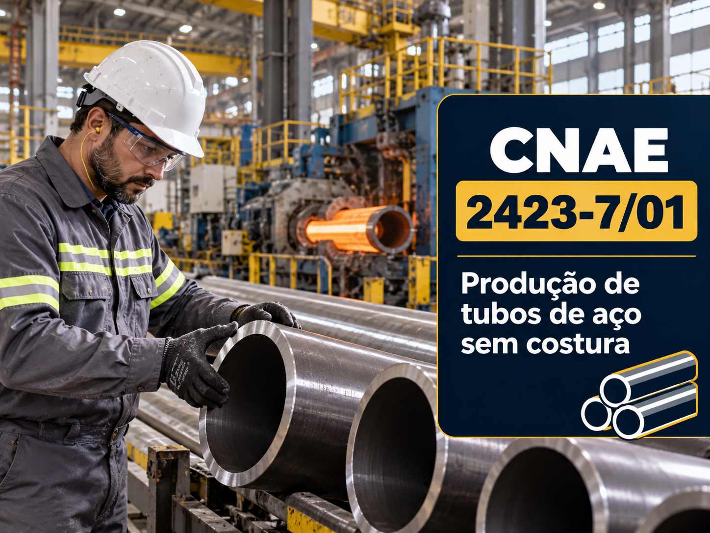 Tubos de aço sem costura empilhados numa usina, ilustrando o CNAE 2423-7/01