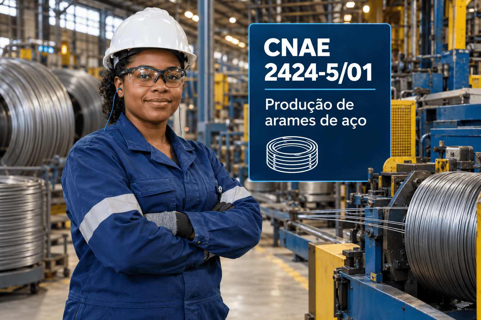 Bobinas de arame de aço numa trefilaria, ilustrando o CNAE 2424-5/01
