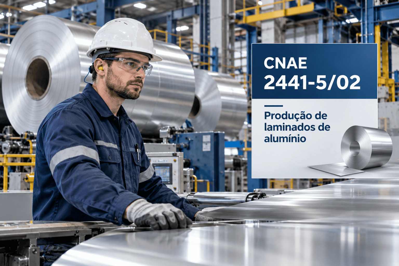 Perfis de alumínio extrudados numa fábrica, ilustrando o CNAE 2441-5/02