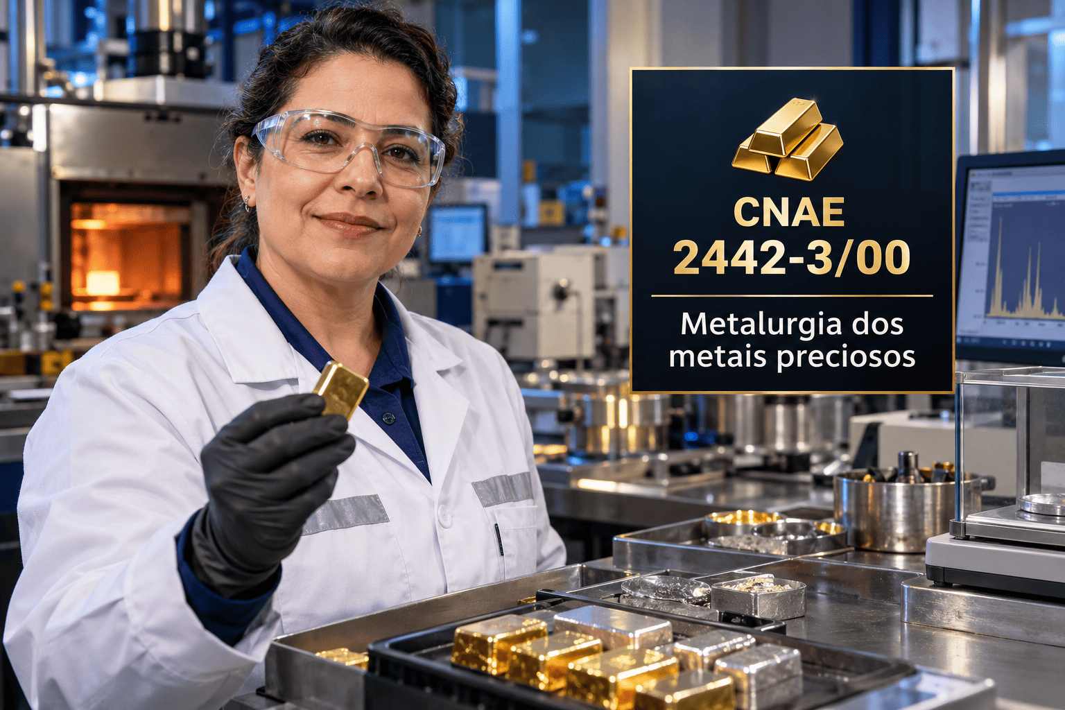 Barras de ouro numa refinaria, ilustrando o CNAE 2442-3/00