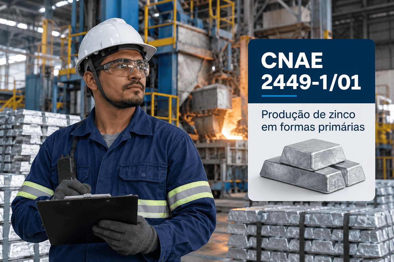 Lingotes de zinco numa metalúrgica, ilustrando o CNAE 2449-1/01