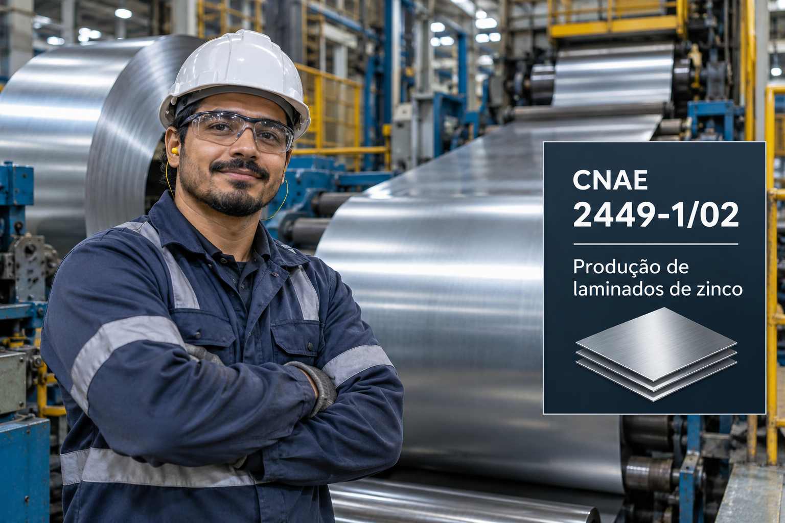 Chapas de zinco laminadas numa fábrica, ilustrando o CNAE 2449-1/02