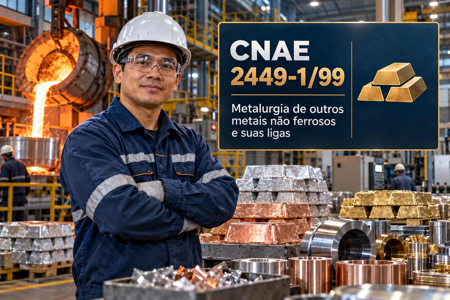 Lingotes de chumbo numa metalúrgica, ilustrando o CNAE 2449-1/99
