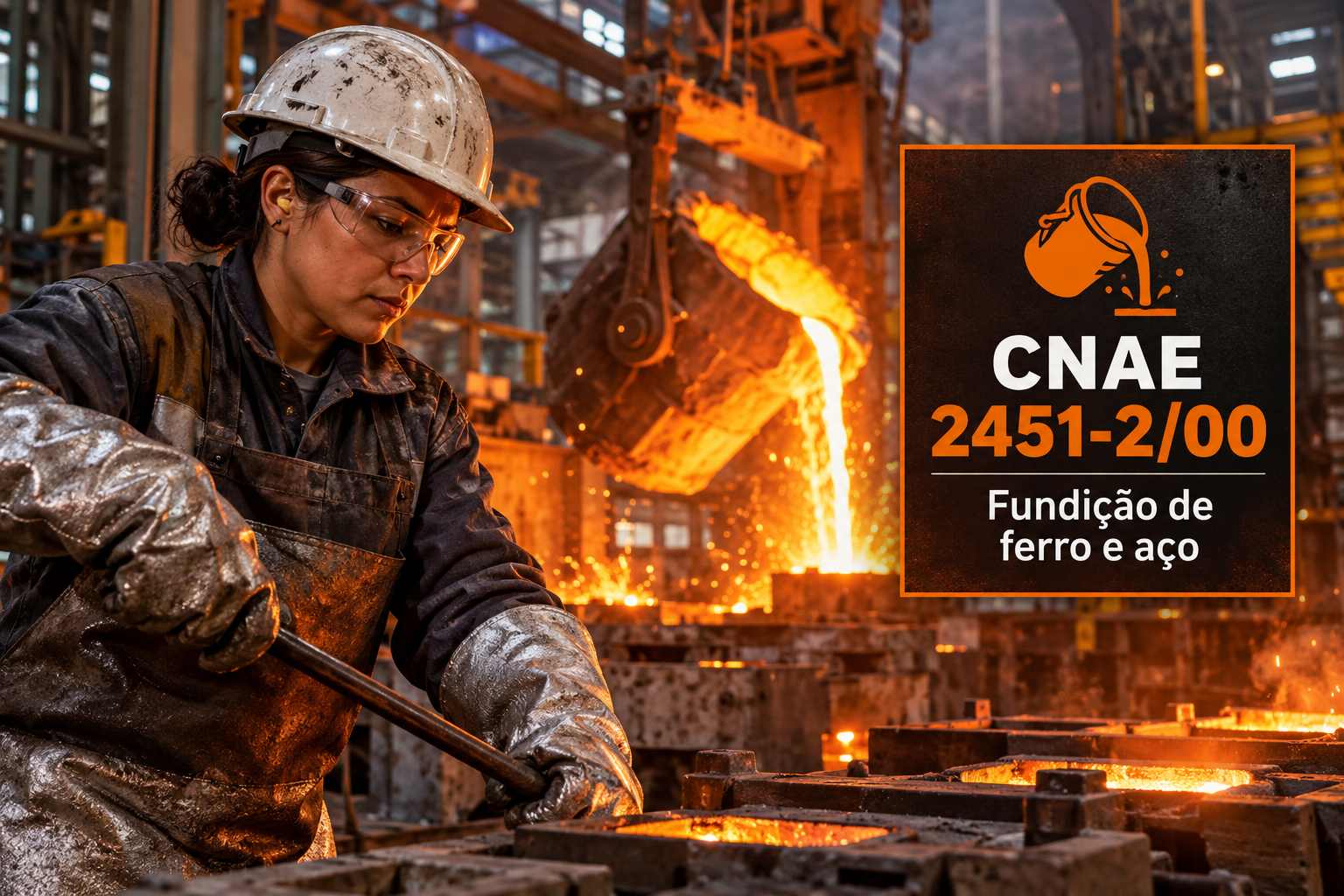Metal líquido sendo vazado em moldes numa fundição, ilustrando o CNAE 2451-2/00