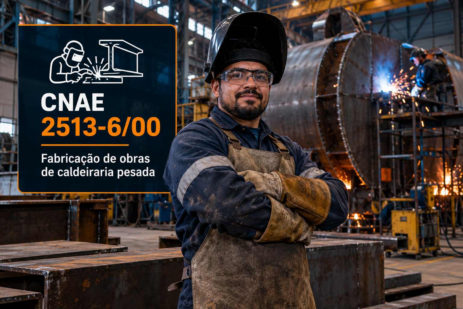 Vaso de pressão sendo soldado numa caldeiraria, ilustrando o CNAE 2513-6/00