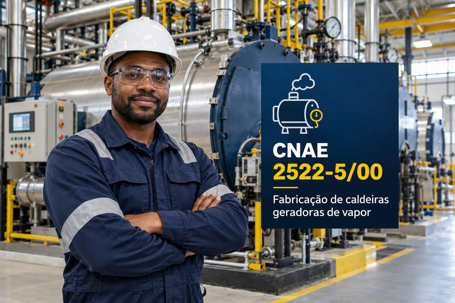 Caldeira industrial a vapor numa fábrica, ilustrando o CNAE 2522-5/00