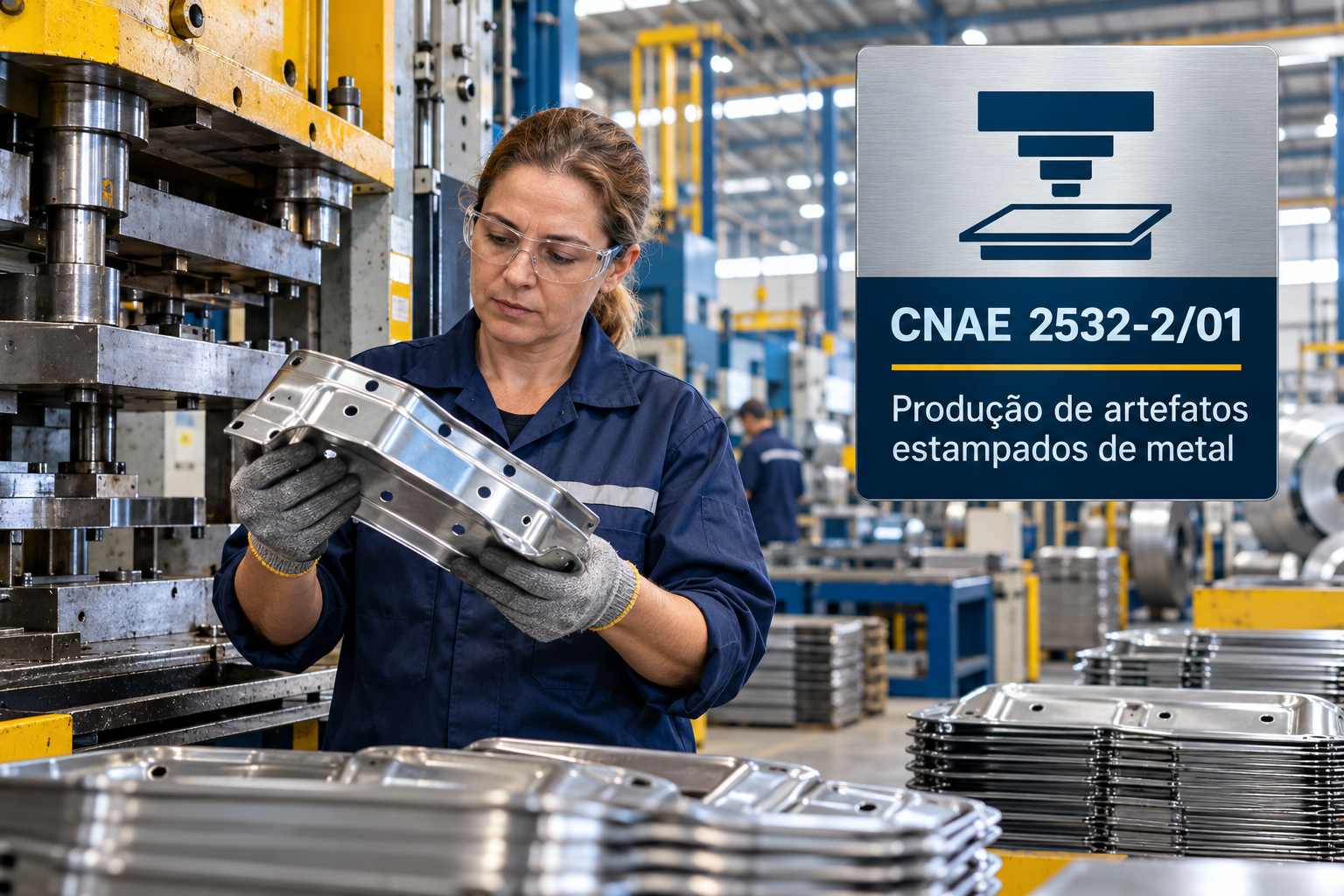 Prensa de estamparia moldando chapa de aço, ilustrando o CNAE 2532-2/01
