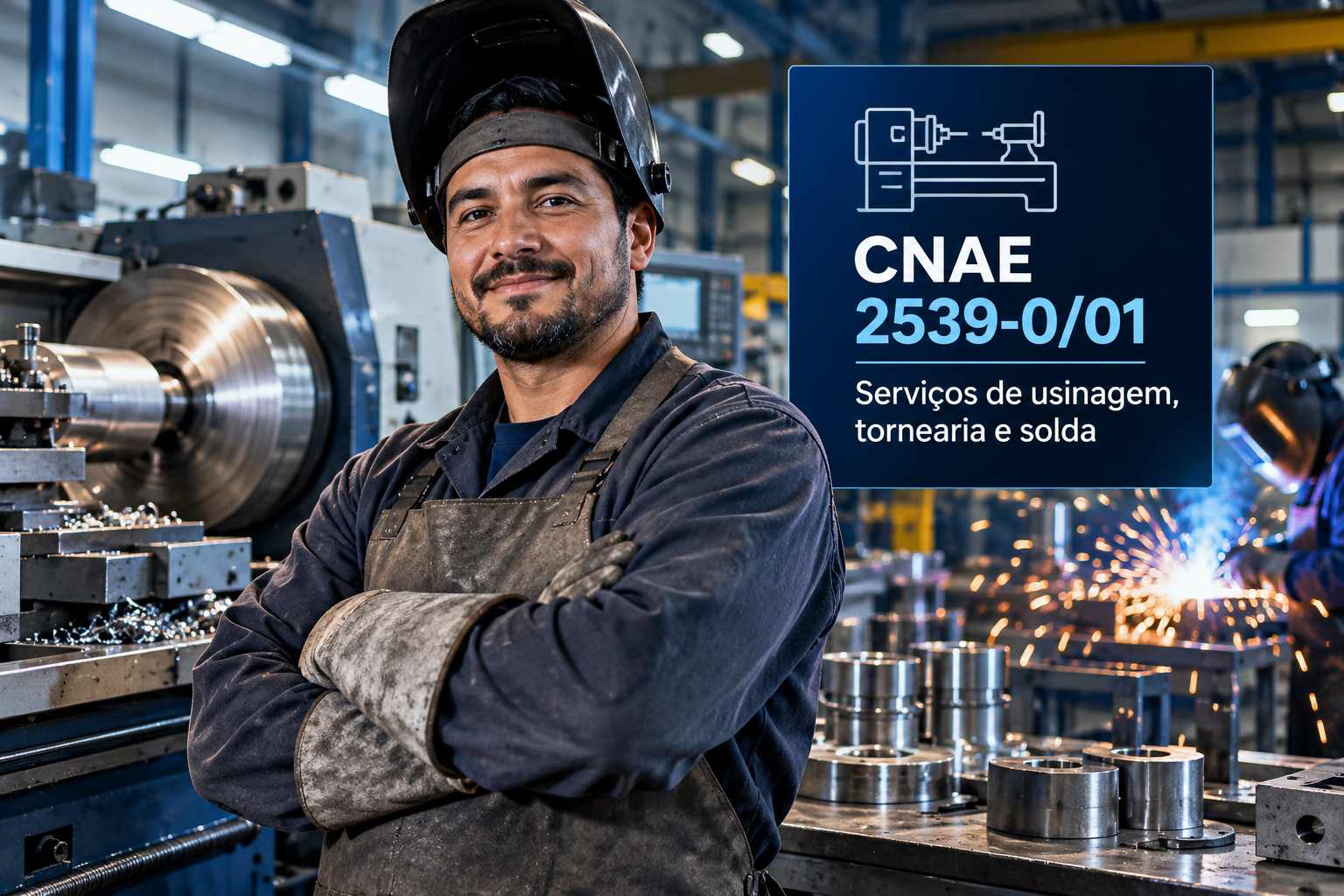 Torno mecânico usinando uma peça de aço, ilustrando o CNAE 2539-0/01
