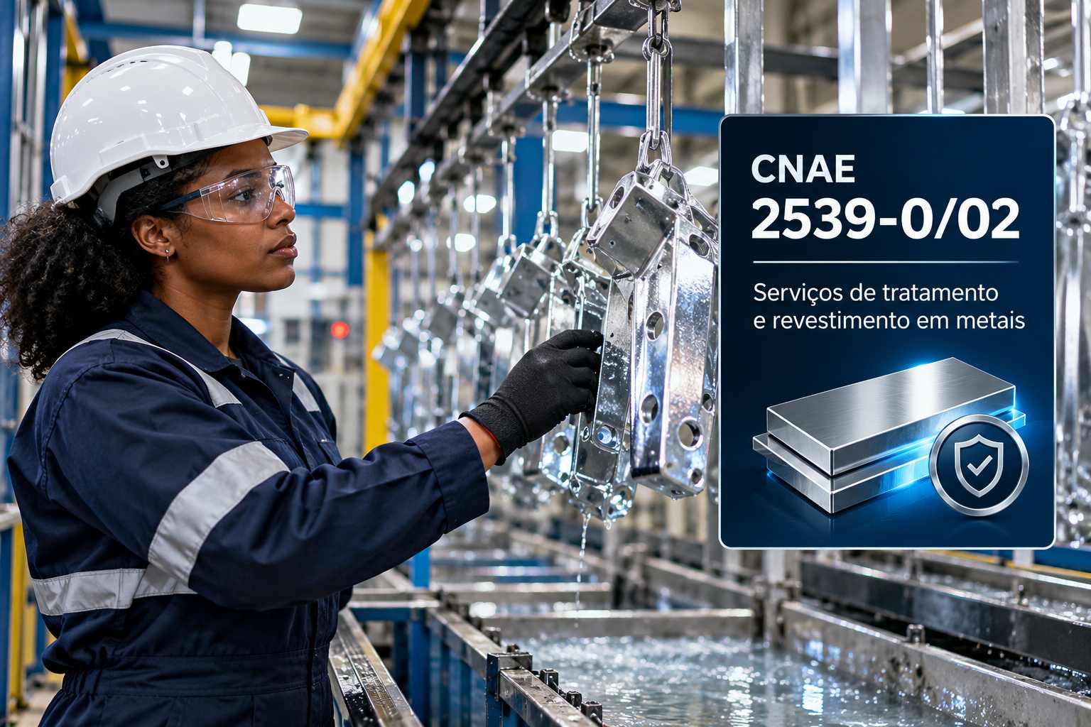 Peças metálicas saindo de um banho de galvanização, ilustrando o CNAE 2539-0/02