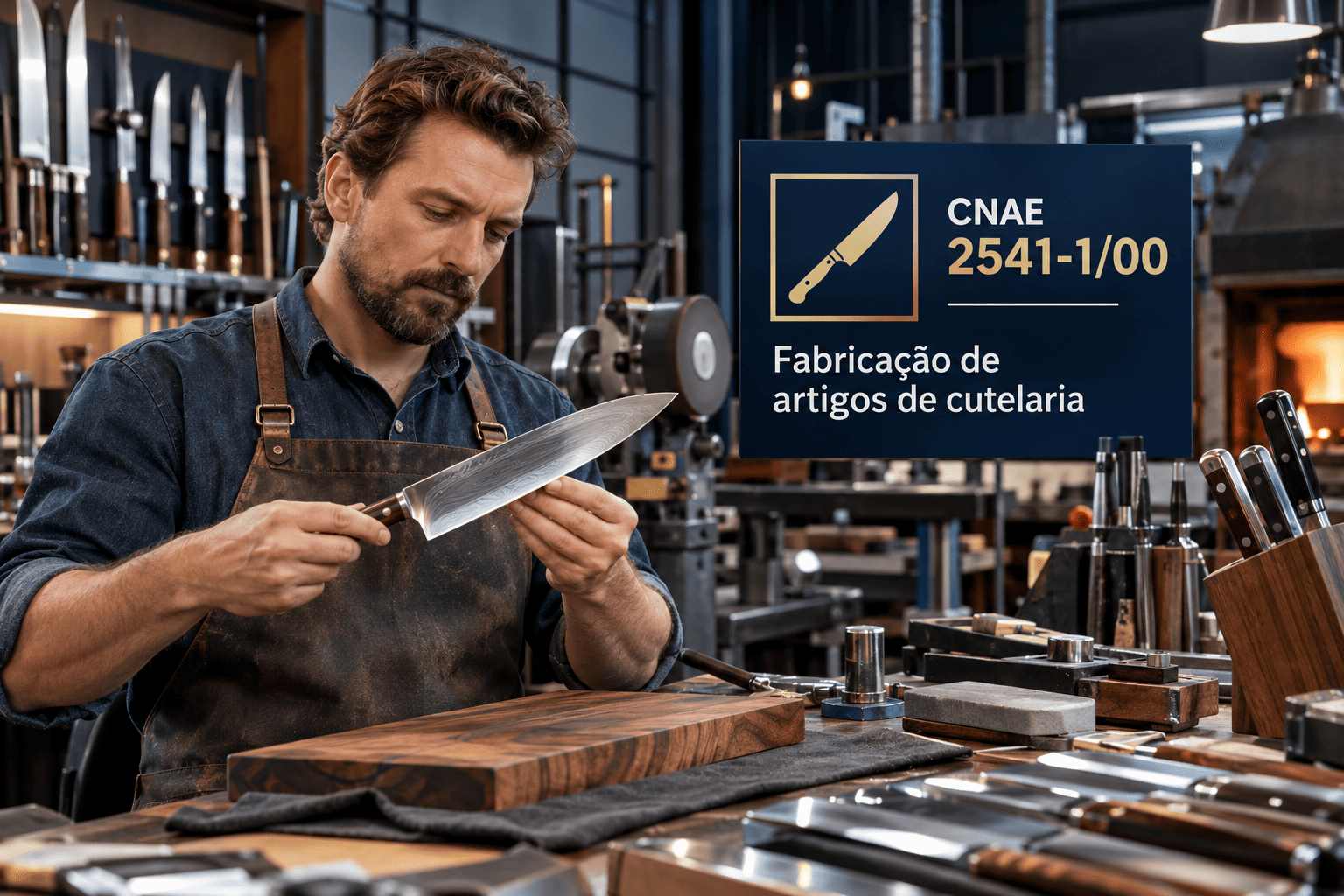 Facas artesanais numa bancada de cutelaria, ilustrando o CNAE 2541-1/00