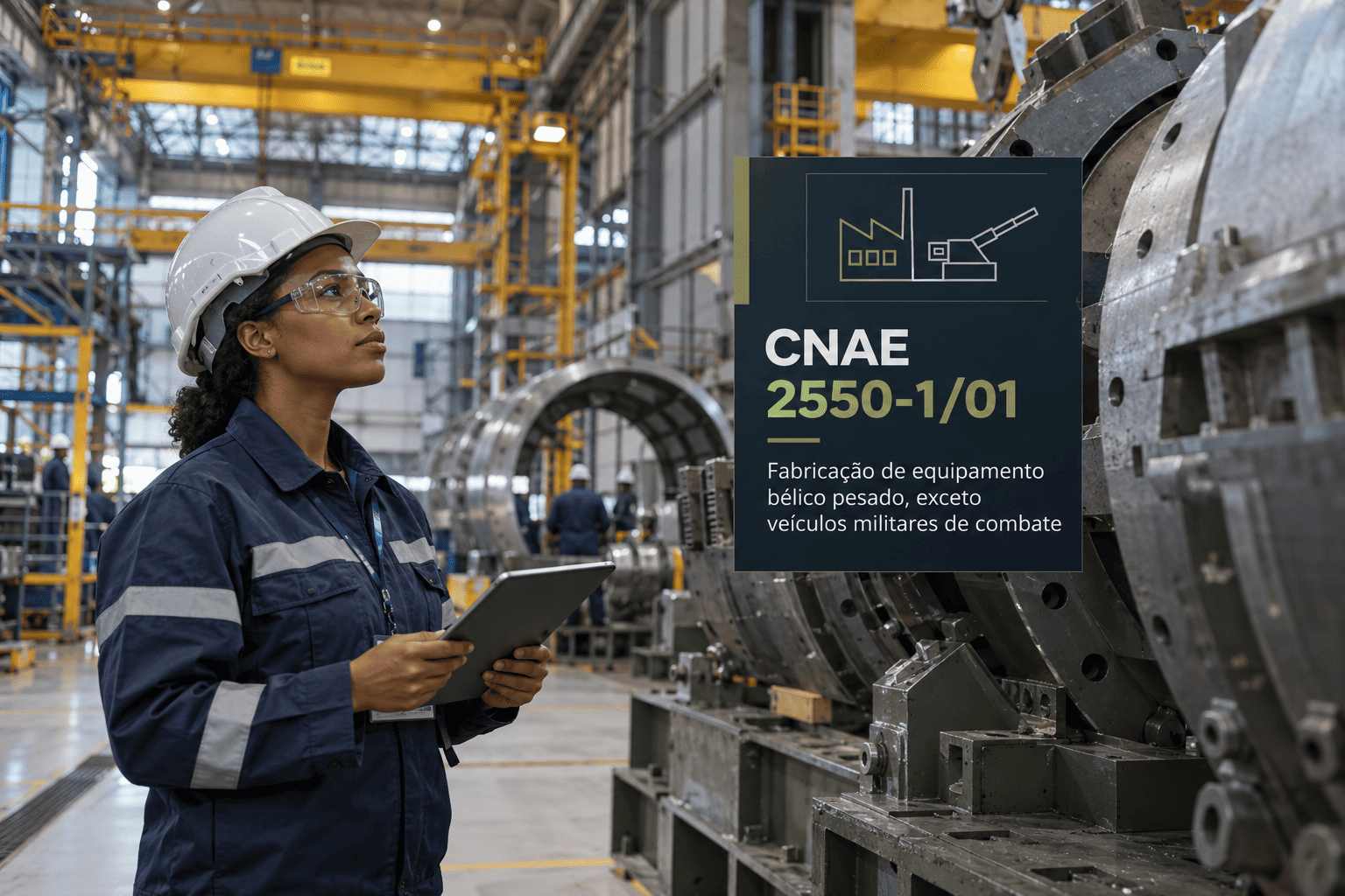 Equipamento de artilharia numa fábrica de defesa, ilustrando o CNAE 2550-1/01