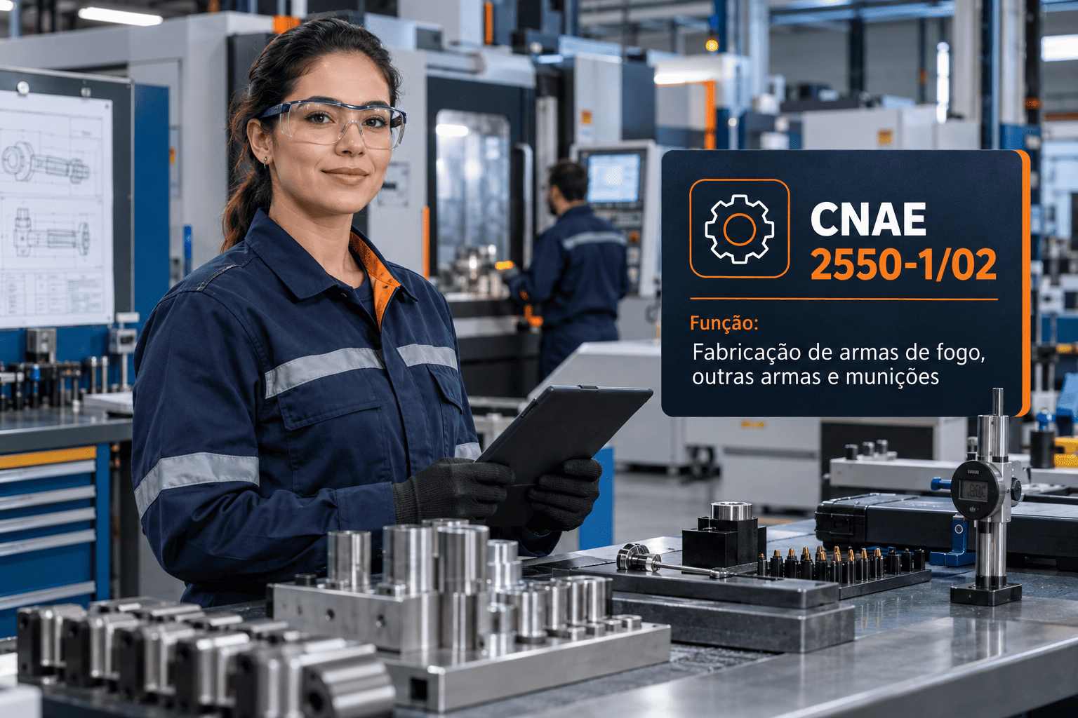 Linha de montagem de armas numa fábrica, ilustrando o CNAE 2550-1/02