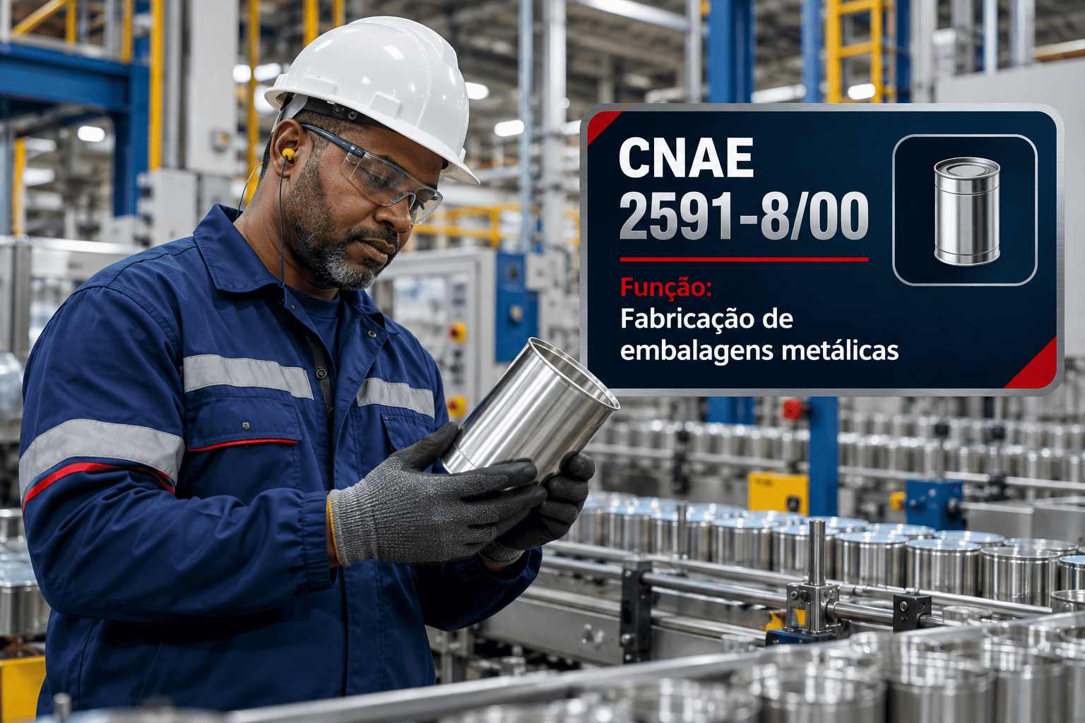 Latas de alumínio numa linha de produção, ilustrando o CNAE 2591-8/00