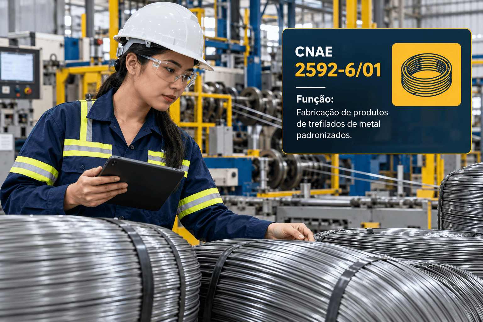 Parafusos e porcas numa bancada industrial, ilustrando o CNAE 2592-6/01