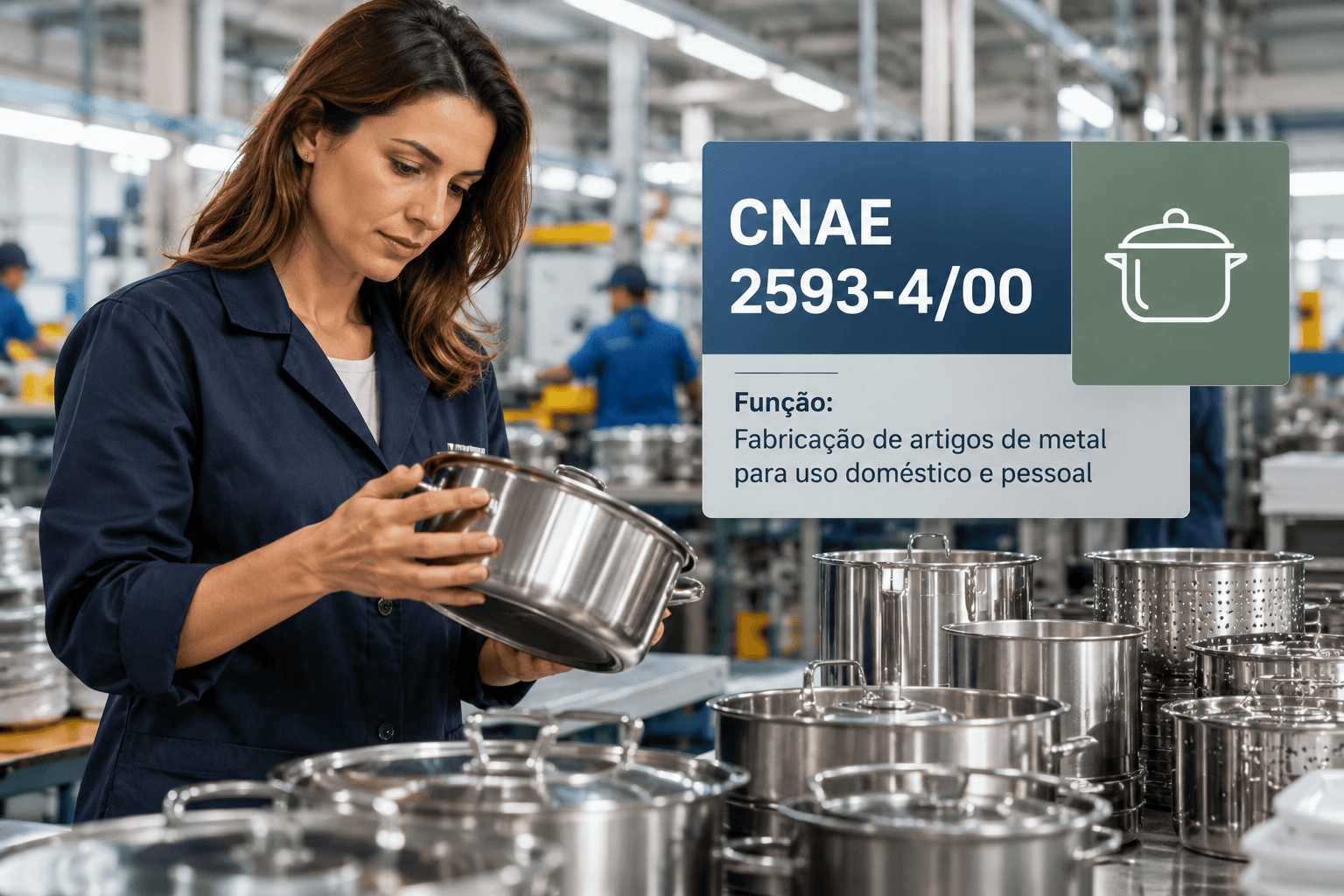 Panelas de alumínio e inox numa linha de produção, ilustrando o CNAE 2593-4/00