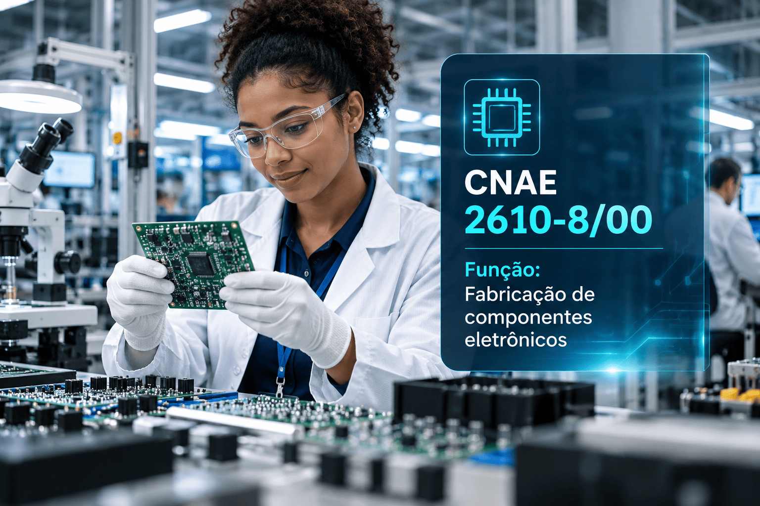 Placa de circuito impresso numa linha de montagem, ilustrando o CNAE 2610-8/00