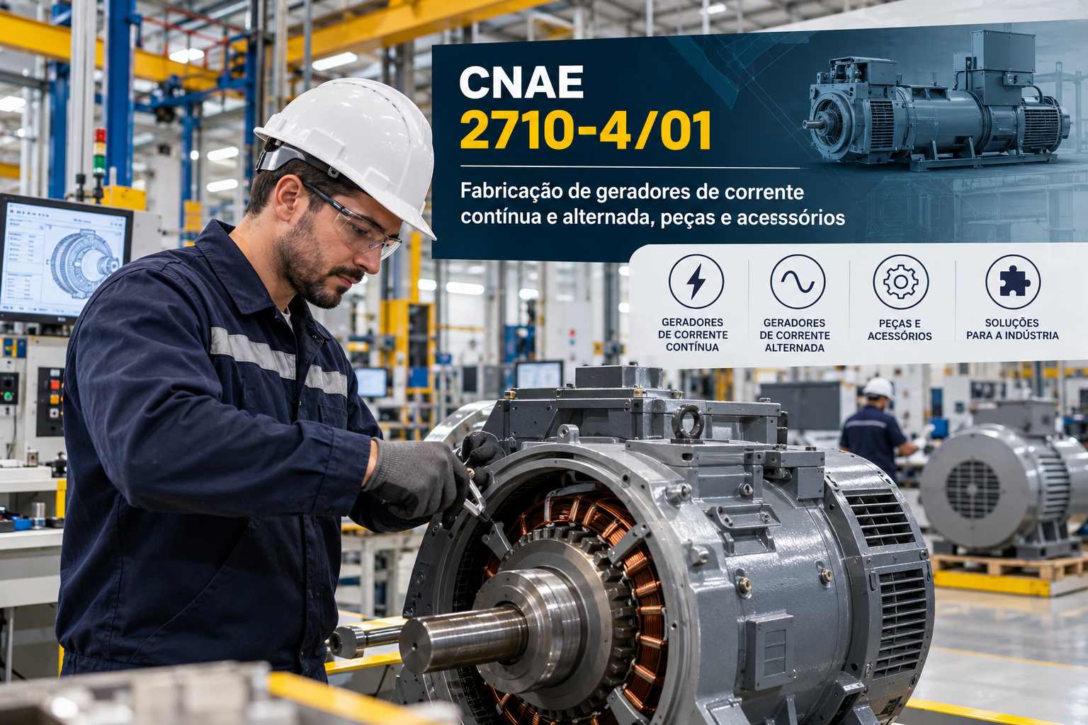 Grupo gerador numa fábrica, ilustrando o CNAE 2710-4/01