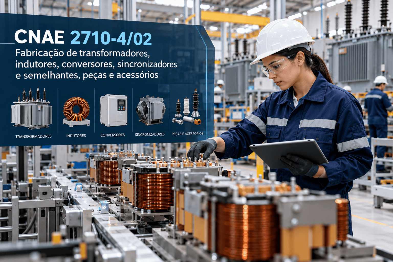 Transformador de distribuição numa fábrica, ilustrando o CNAE 2710-4/02