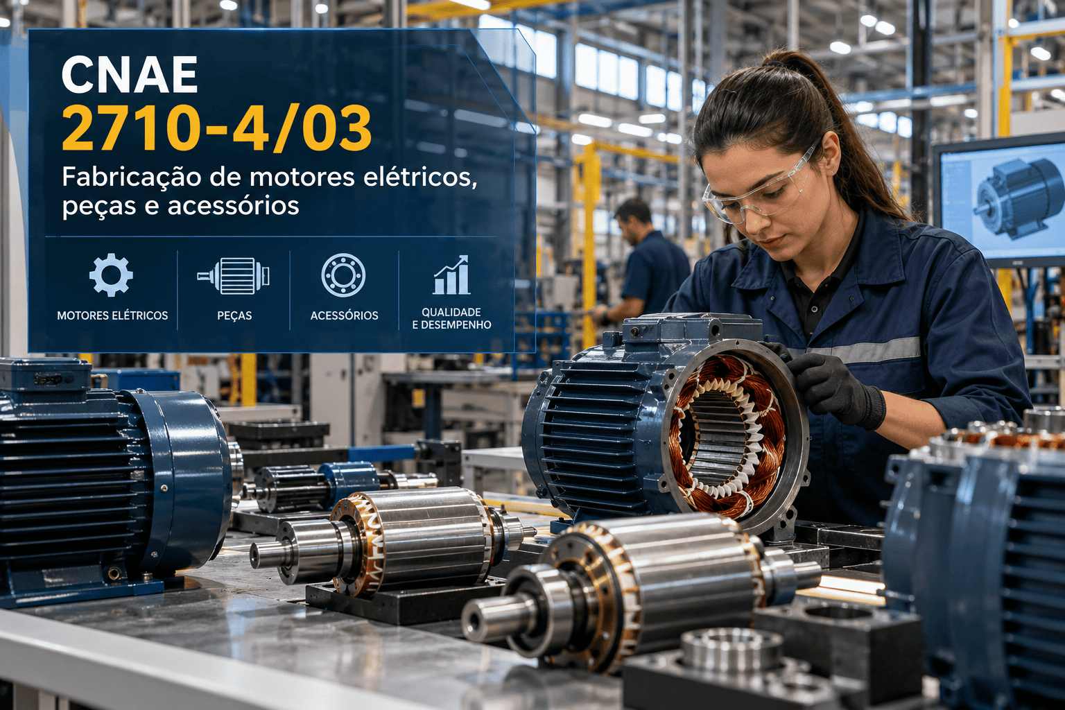 Motores elétricos numa linha de produção, ilustrando o CNAE 2710-4/03