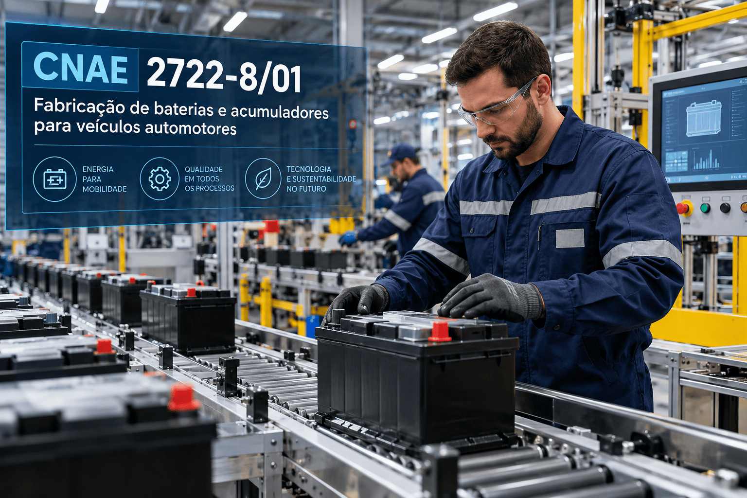 Baterias automotivas numa linha de produção, ilustrando o CNAE 2722-8/01