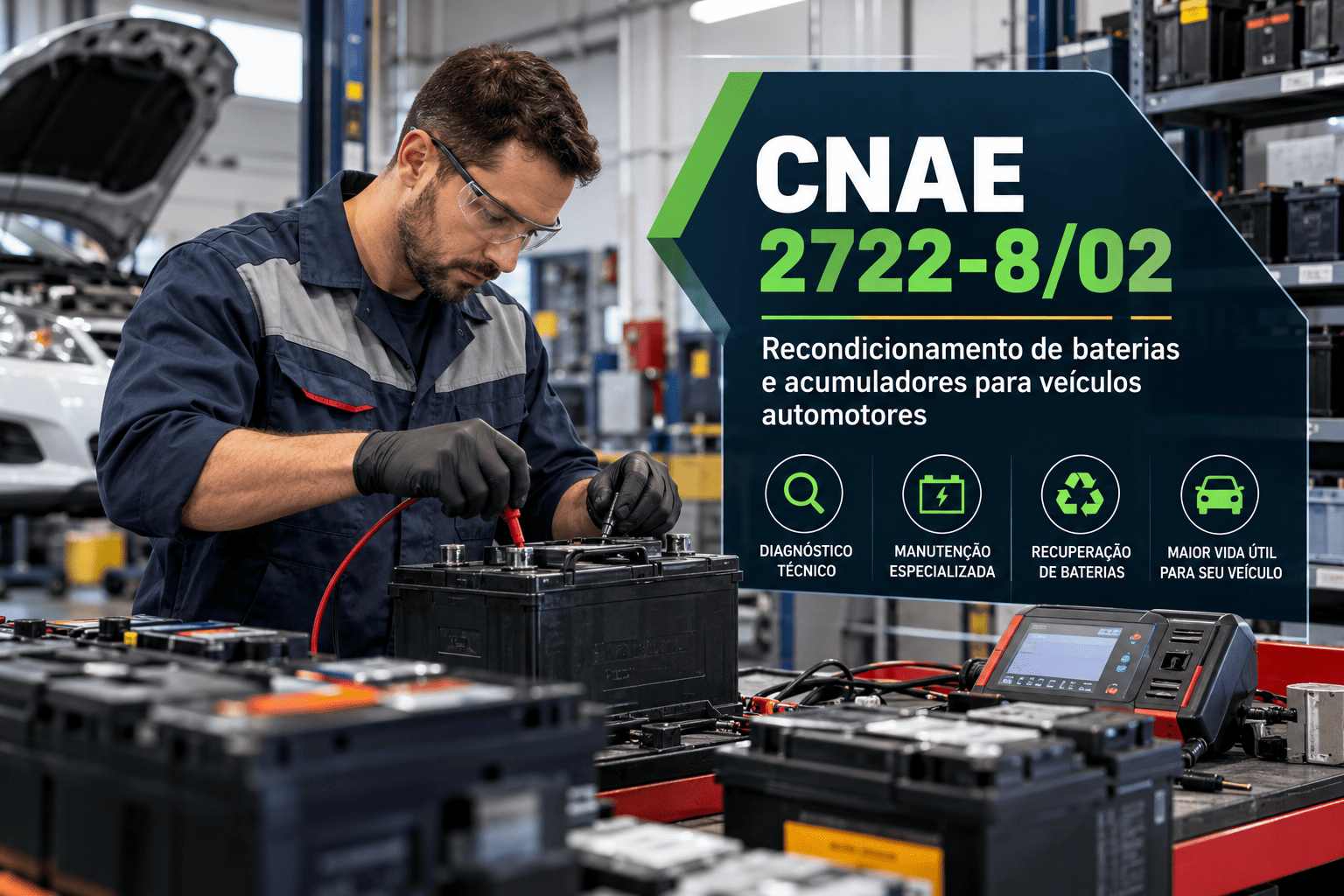 Bateria automotiva em teste numa oficina, ilustrando o CNAE 2722-8/02