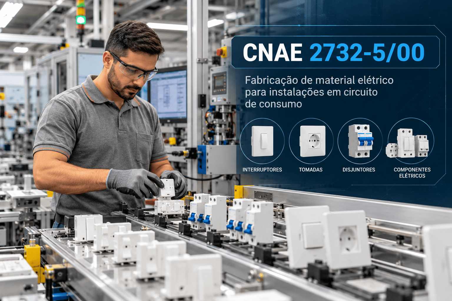 Tomadas e interruptores numa linha de montagem, ilustrando o CNAE 2732-5/00