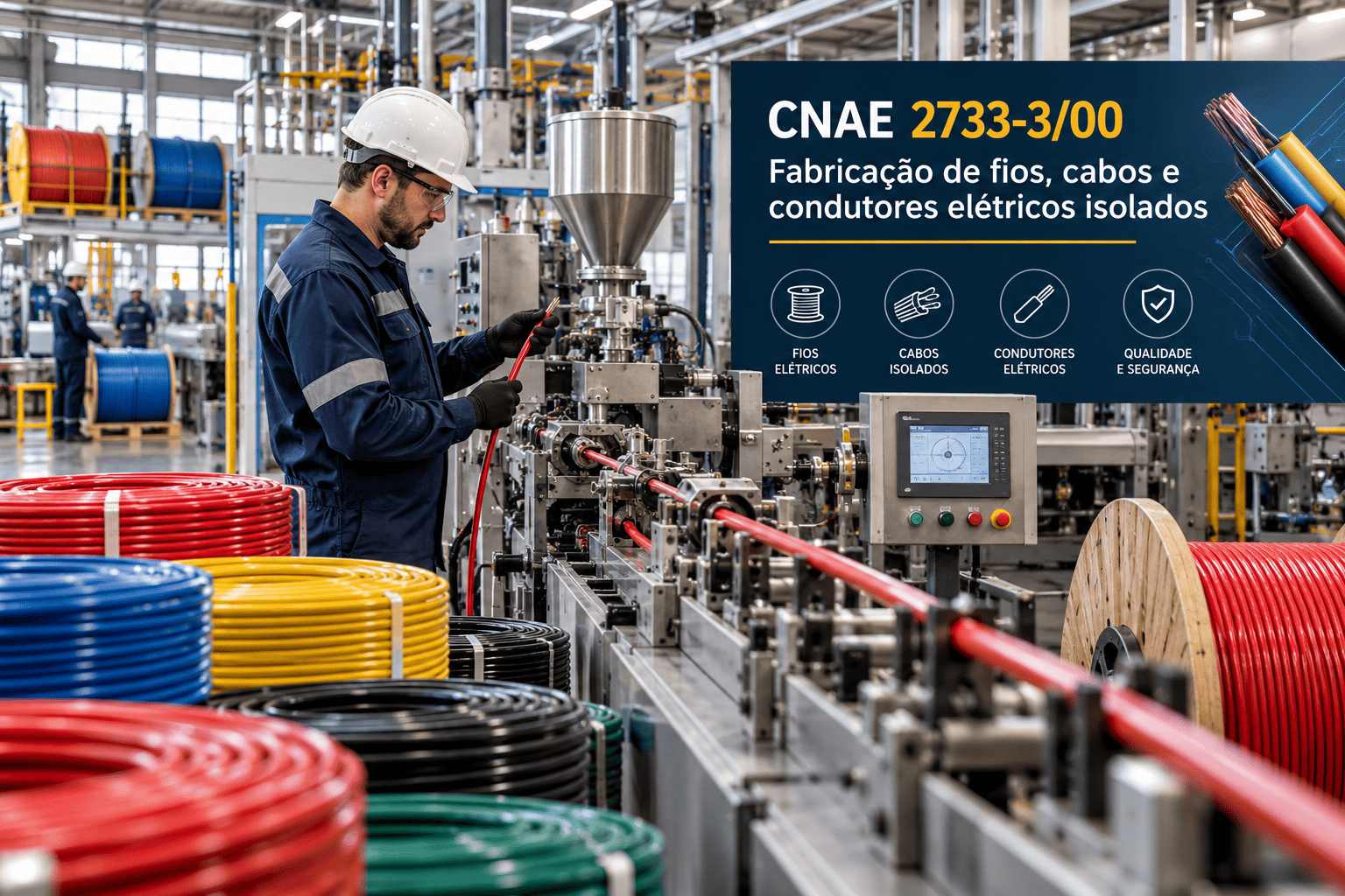 Bobinas de cabos elétricos numa fábrica, ilustrando o CNAE 2733-3/00