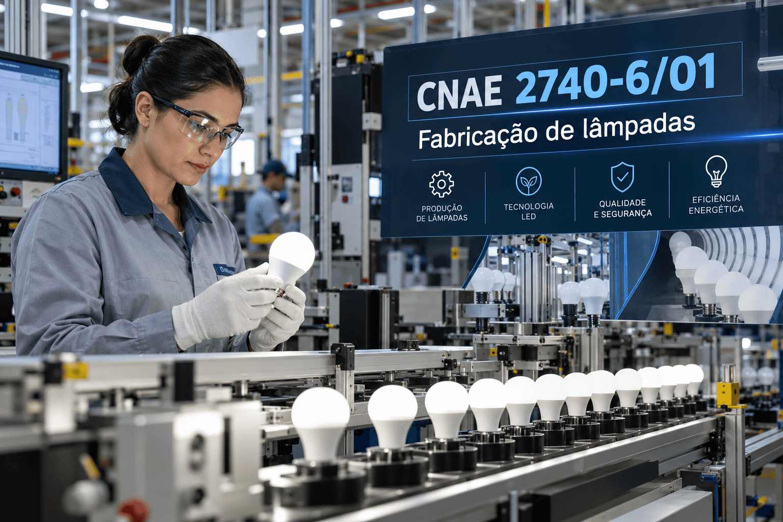 Lâmpadas LED numa linha de produção, ilustrando o CNAE 2740-6/01