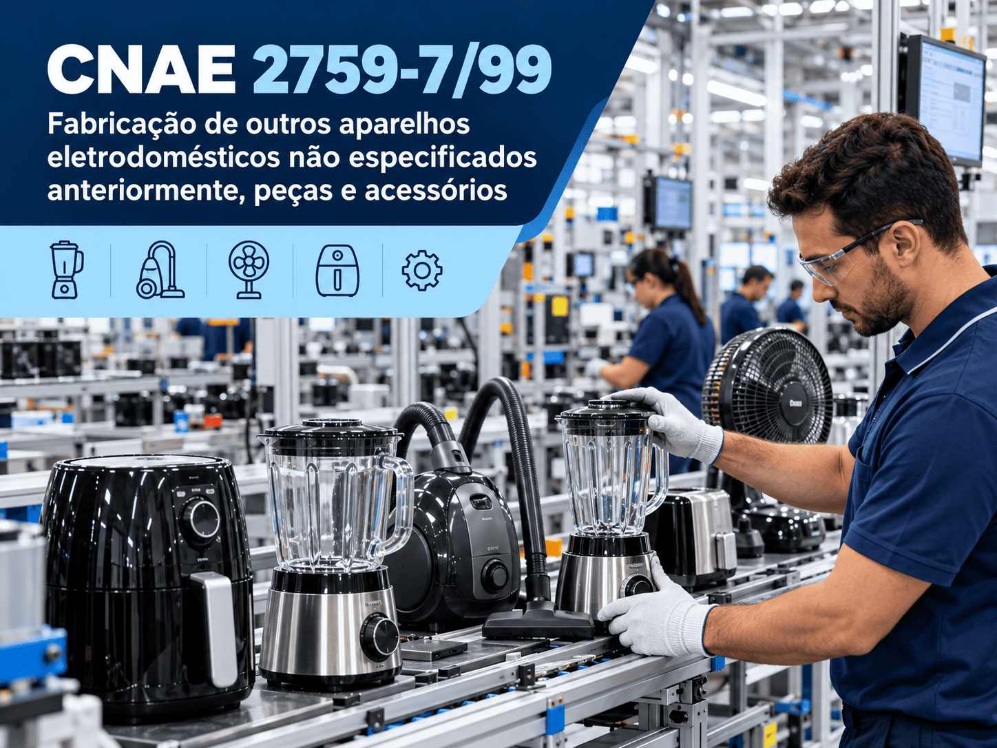Liquidificadores e ventiladores numa linha de produção, ilustrando o CNAE 2759-7/99