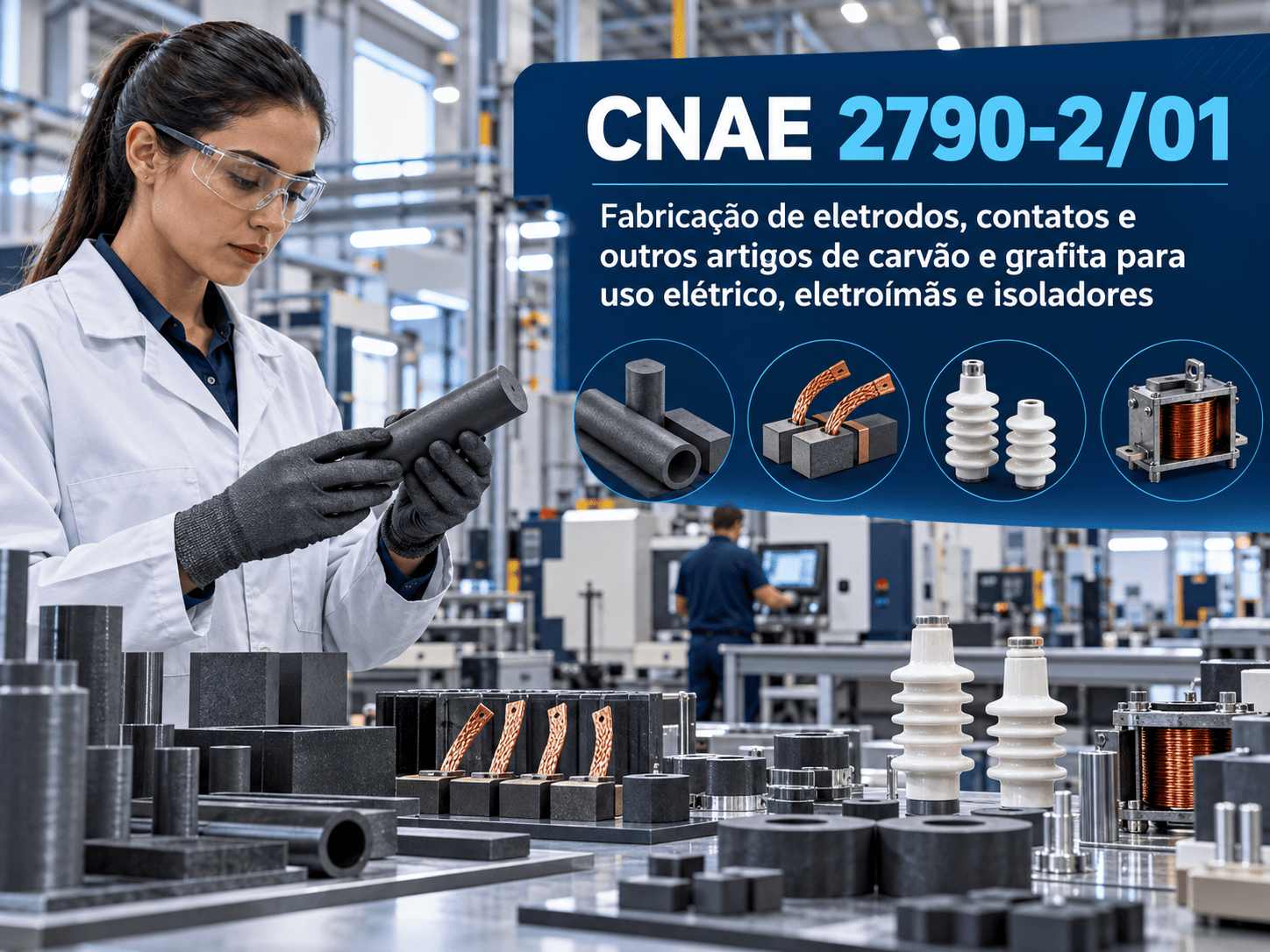 Escovas de carvão e peças de grafita numa bancada, ilustrando o CNAE 2790-2/01