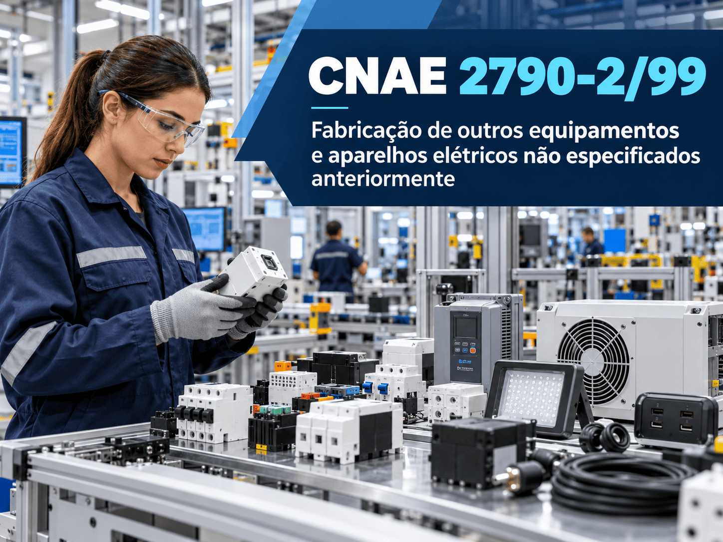 Equipamento elétrico industrial numa bancada de testes, ilustrando o CNAE 2790-2/99