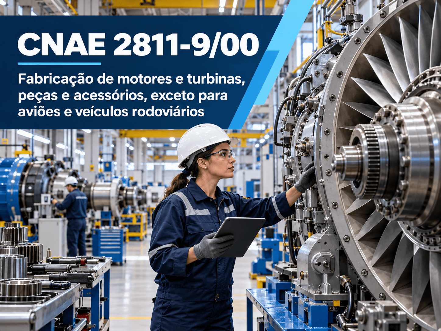 Turbina hidráulica numa fábrica, ilustrando o CNAE 2811-9/00