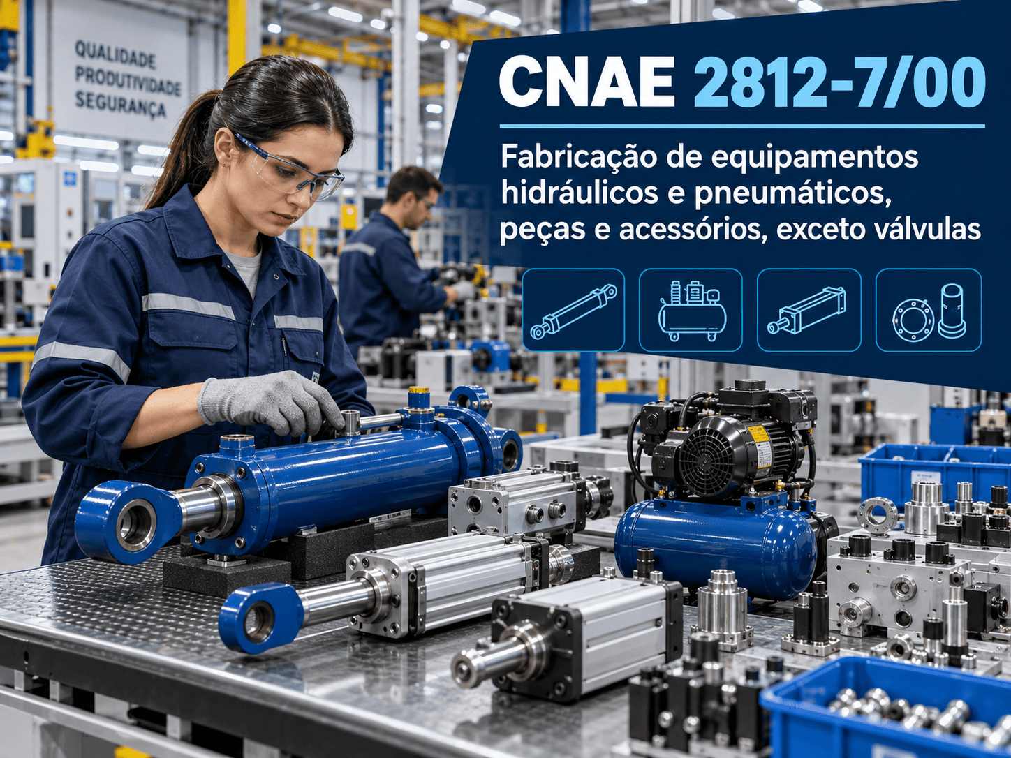 Bombas hidráulicas numa linha de montagem, ilustrando o CNAE 2812-7/00