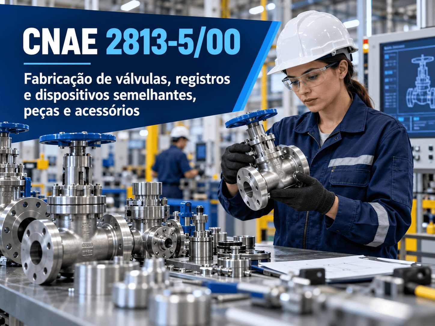 Válvulas industriais numa bancada de testes, ilustrando o CNAE 2813-5/00