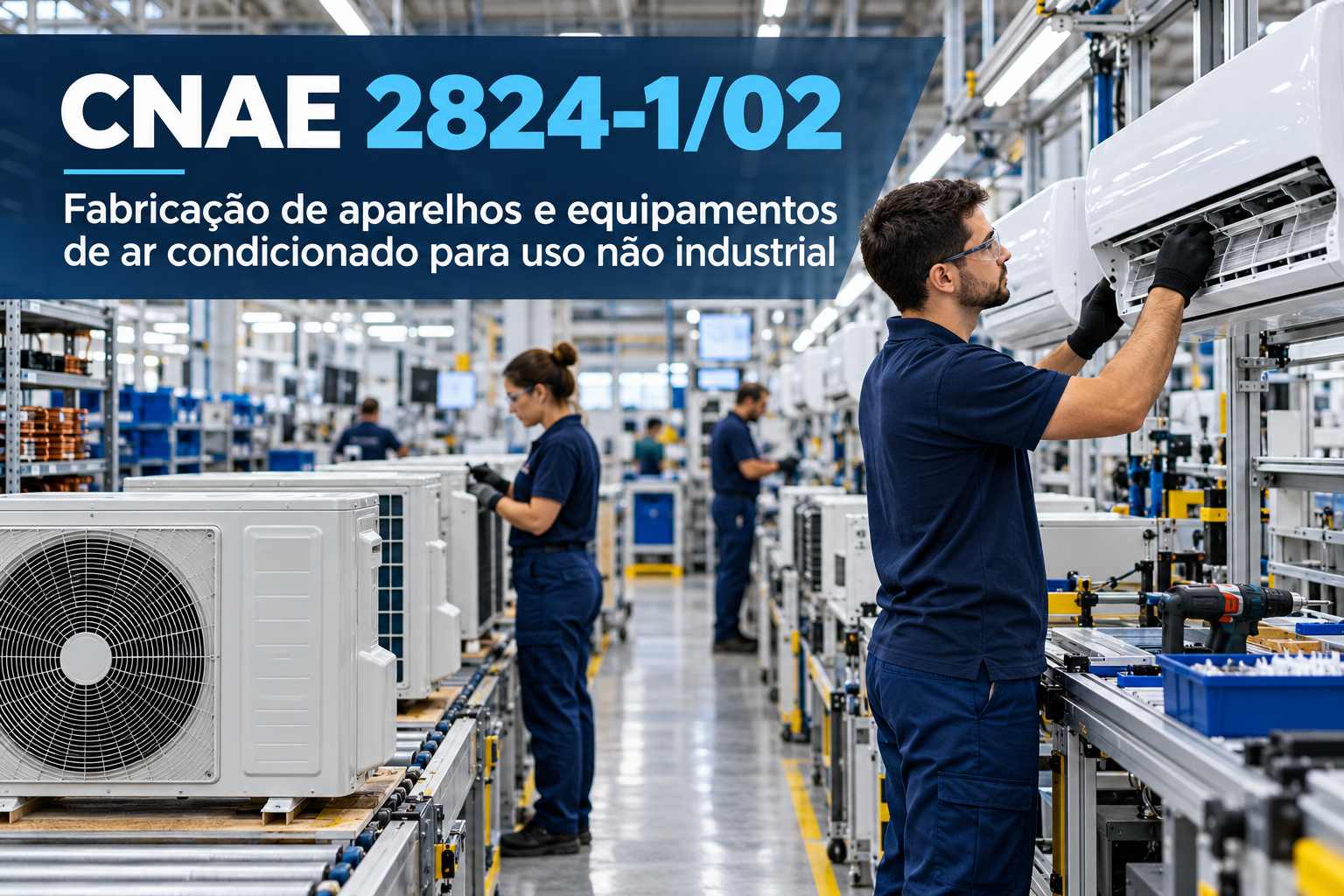 Aparelhos de ar-condicionado split numa linha de montagem, ilustrando o CNAE 2824-1/02