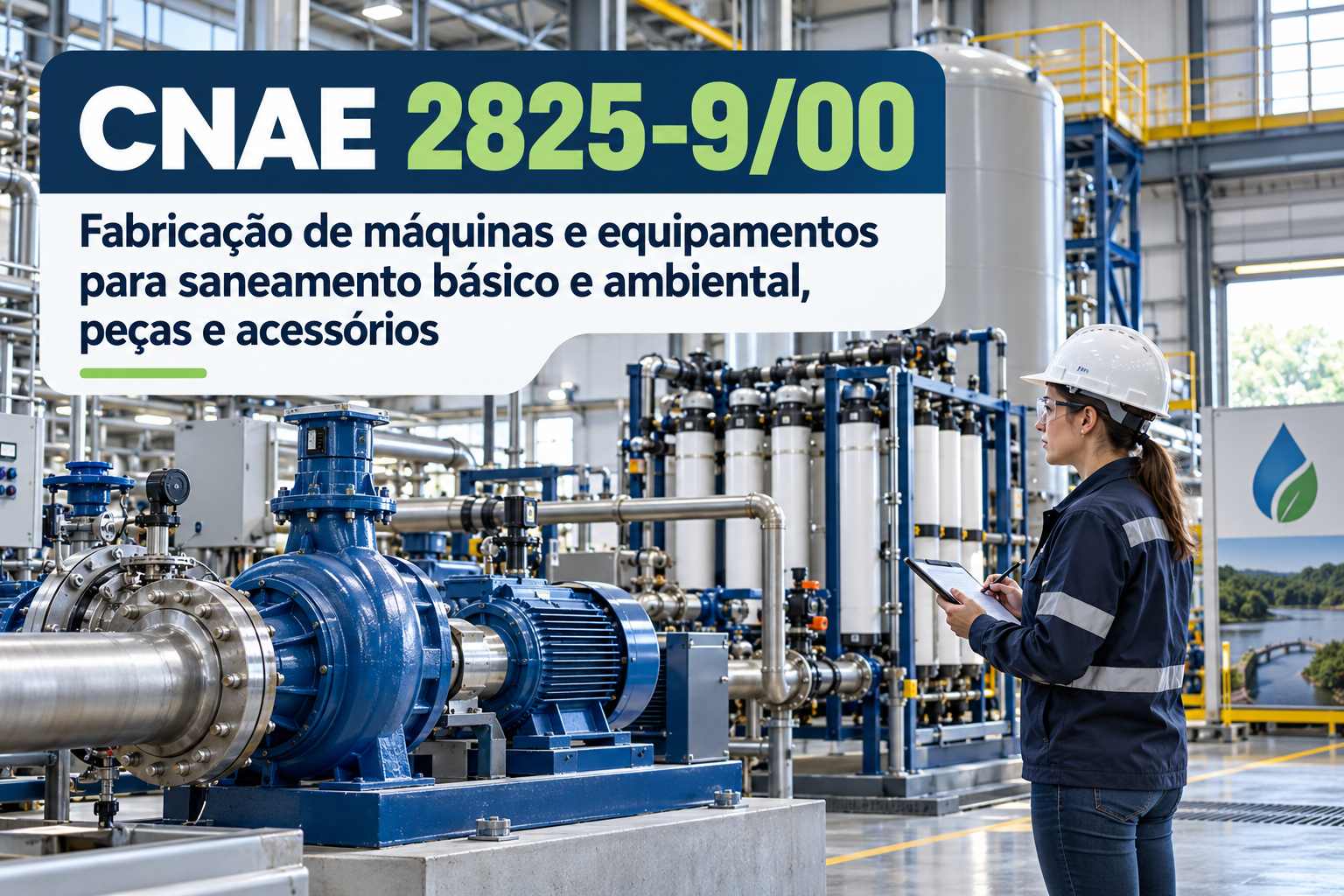 Equipamento de tratamento de efluentes numa fábrica, ilustrando o CNAE 2825-9/00
