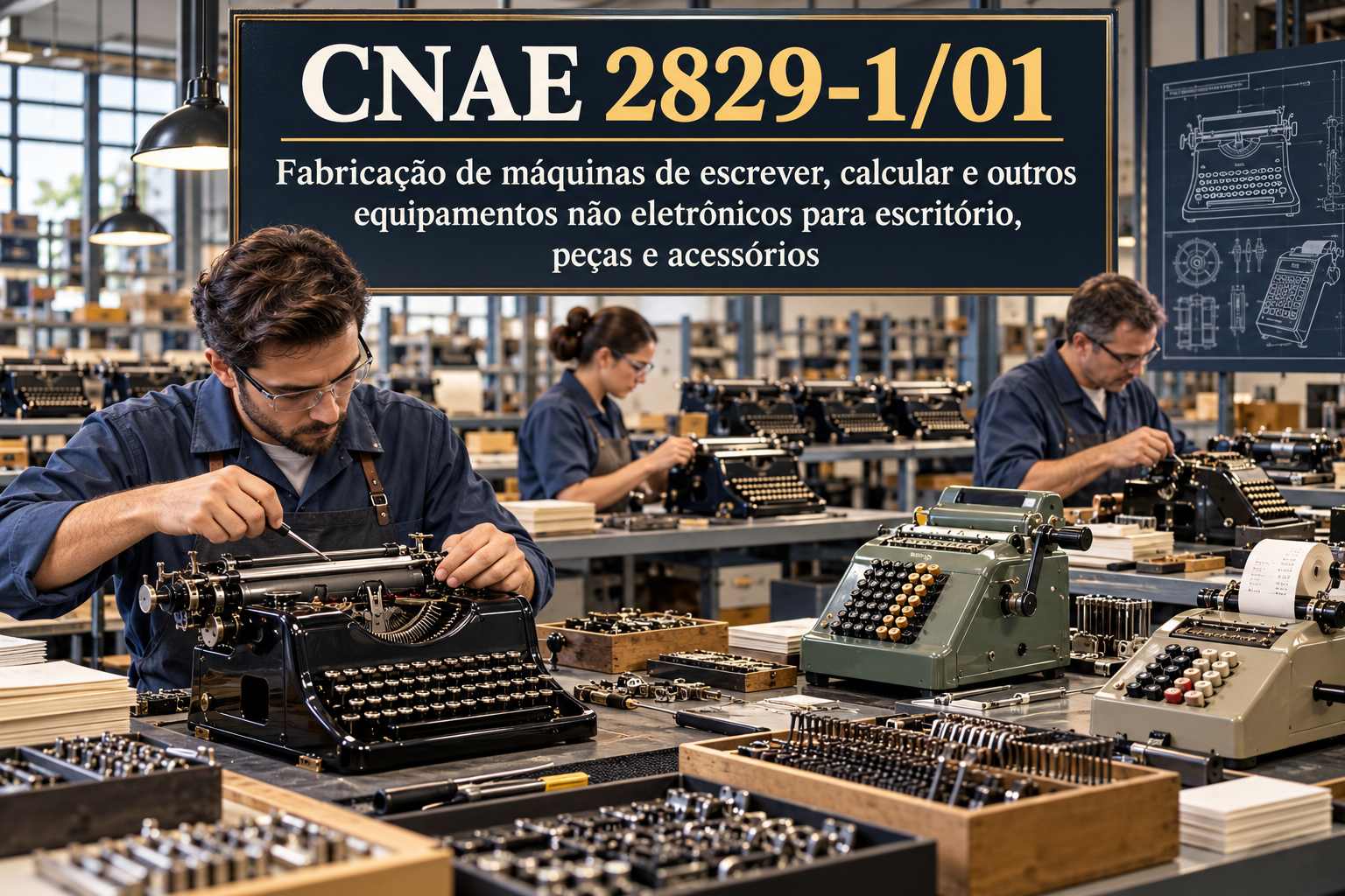 Grampeadores e perfuradores numa bancada, ilustrando o CNAE 2829-1/01