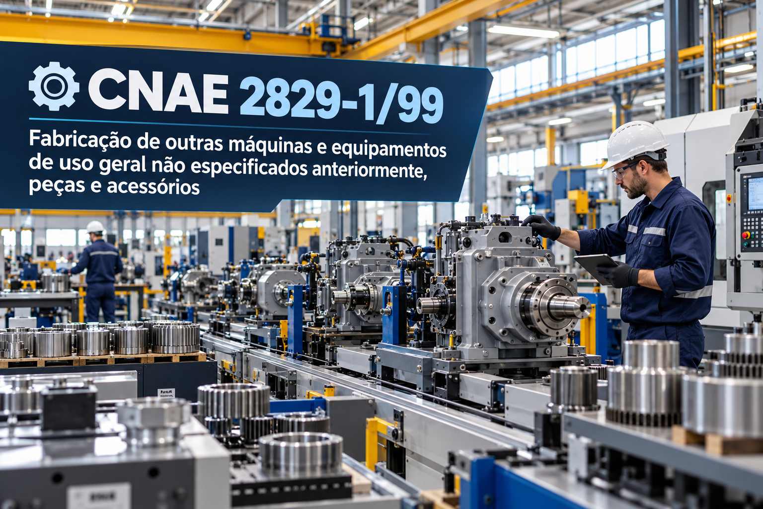 Máquina de embalar numa linha de produção, ilustrando o CNAE 2829-1/99