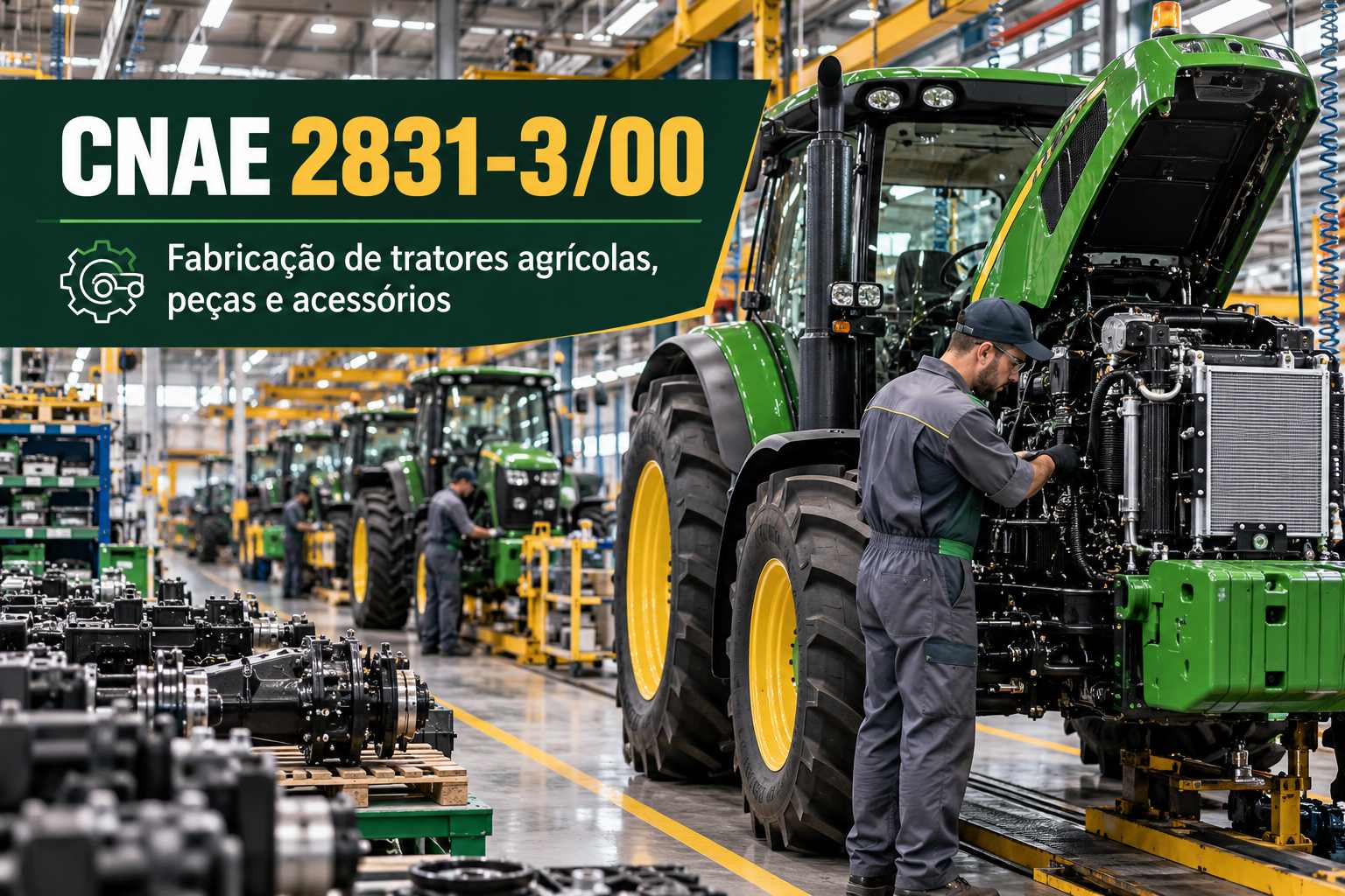 Tratores agrícolas numa linha de montagem, ilustrando o CNAE 2831-3/00