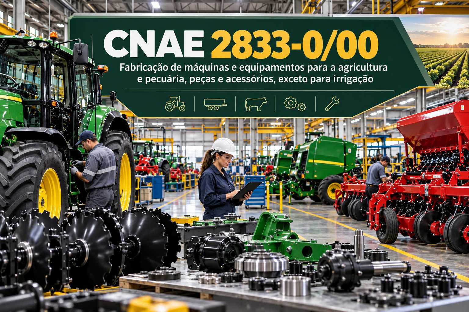 Plantadeira numa fábrica de implementos, ilustrando o CNAE 2833-0/00