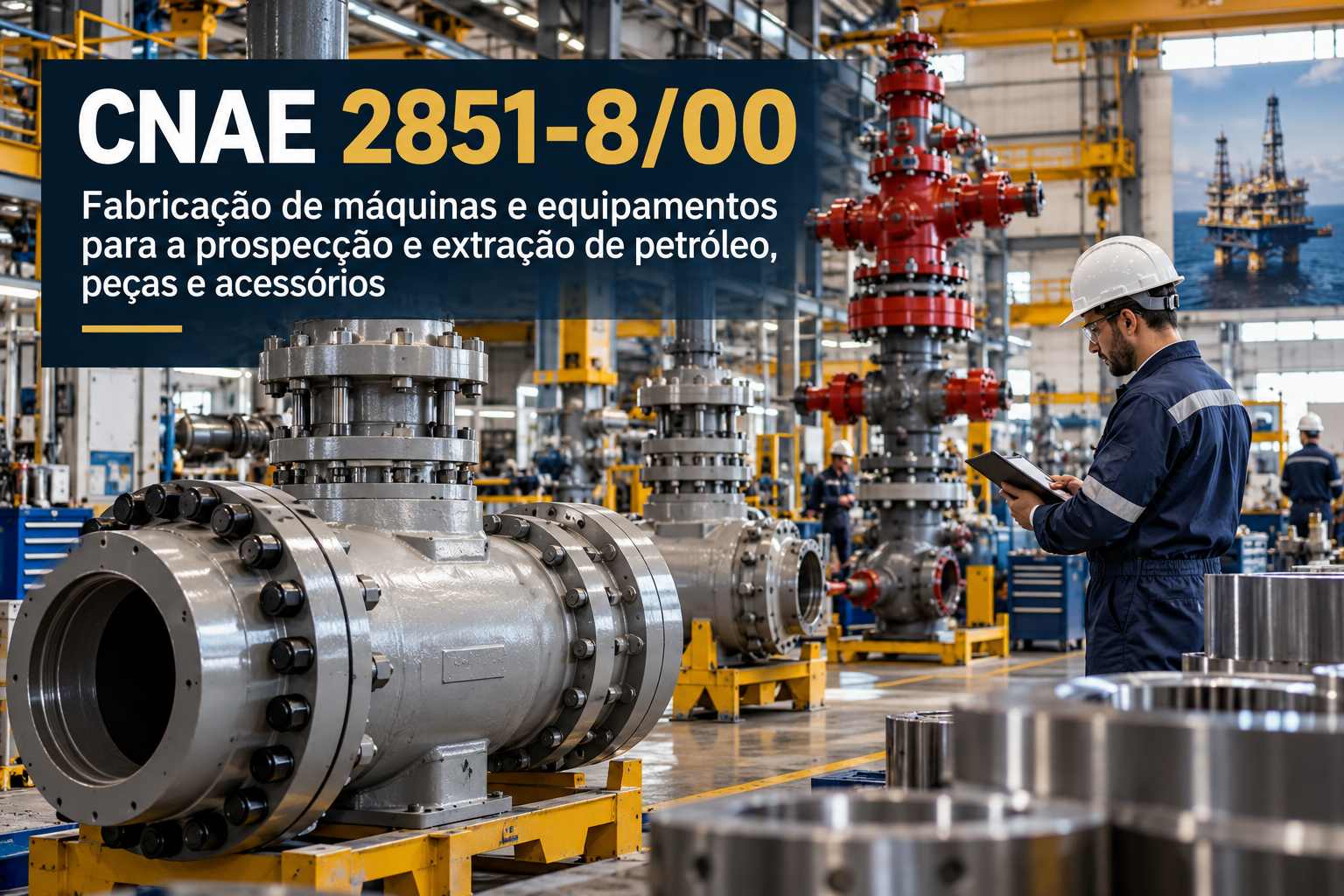 Equipamento de perfuração de petróleo numa fábrica, ilustrando o CNAE 2851-8/00