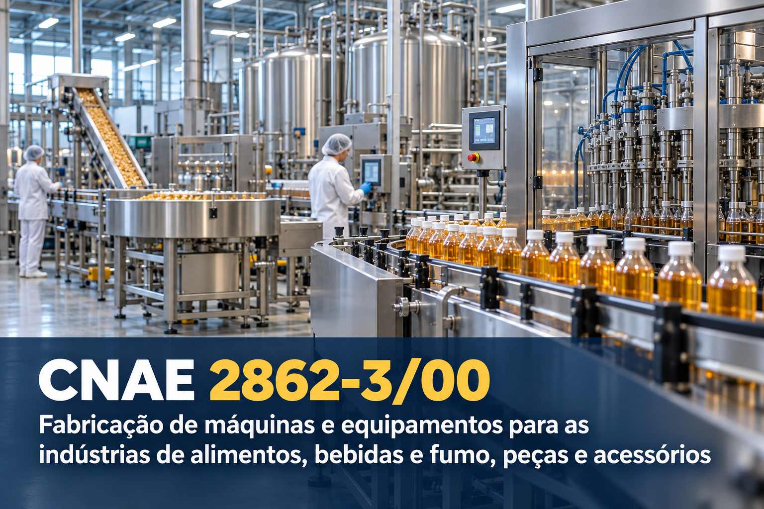 Linha de máquinas inox numa indústria de alimentos, ilustrando o CNAE 2862-3/00